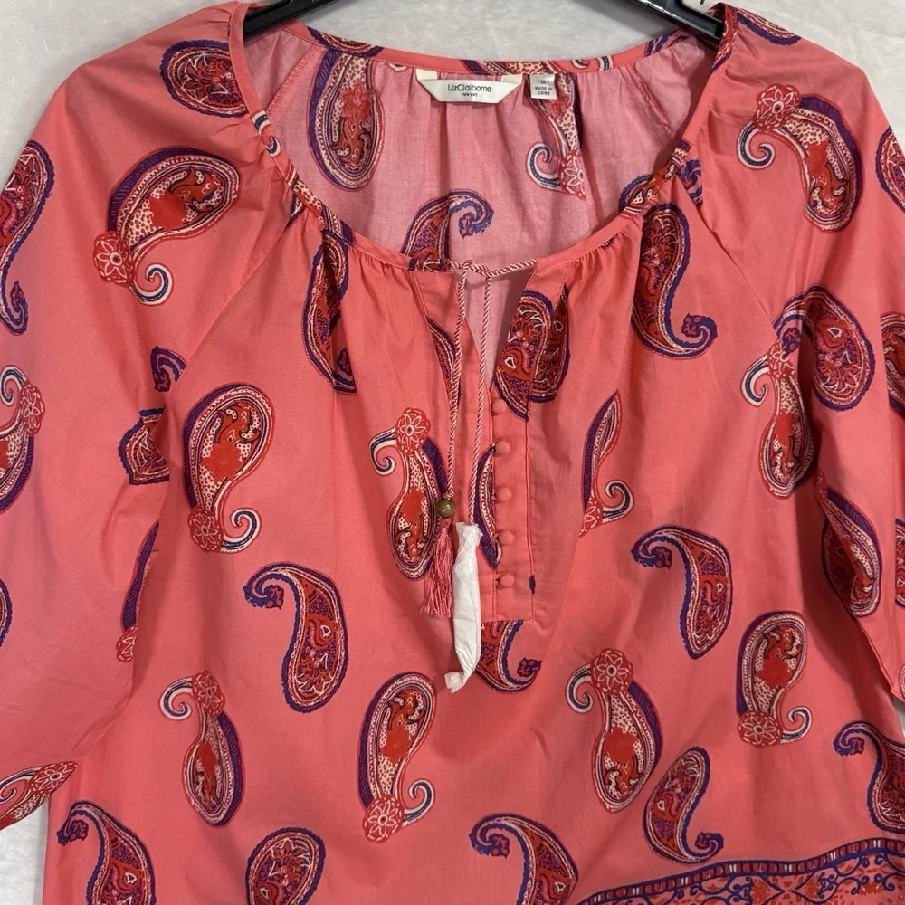 Liz Claiborne Coral Paisley Boho Blouse Top 1X Colorful‎ Resort Summer Shirt